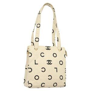 CHANEL Tote Bag Canvas White Gold CC Auth